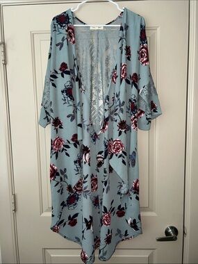 living doll Dusty Blue Floral Kimono with Burgundy Roses